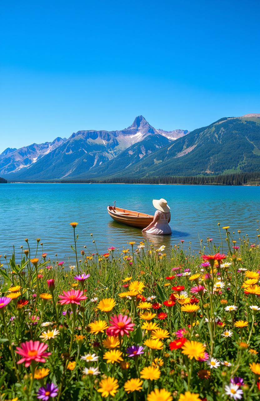 A beautiful, serene landscape featuring a peaceful lake surrounded by majestic mountains under a bright blue sky