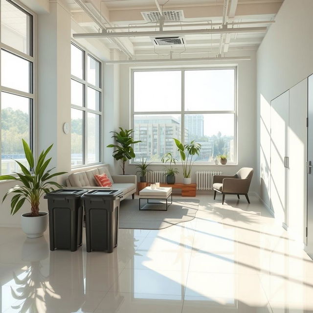 a clean and tidy room with an immaculate view, bright sunlight streaming through large windows, modern furniture, and simple decor, plants in the corners, a cozy atmosphere, and garbage bins at the corner ready for disposal, creating a sense of freshness and organization