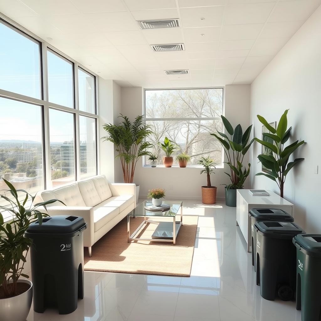 a clean and tidy room with an immaculate view, bright sunlight streaming through large windows, modern furniture, and simple decor, plants in the corners, a cozy atmosphere, and garbage bins at the corner ready for disposal, creating a sense of freshness and organization