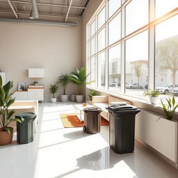 a clean and tidy room with an immaculate view, bright sunlight streaming through large windows, modern furniture, and simple decor, plants in the corners, a cozy atmosphere, and garbage bins at the corner ready for disposal, creating a sense of freshness and organization