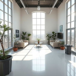 a clean and tidy room with an immaculate view, bright sunlight streaming through large windows, modern furniture, and simple decor, plants in the corners, a cozy atmosphere, and garbage bins at the corner ready for disposal, creating a sense of freshness and organization
