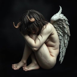 A striking depiction of a fallen angel in a vulnerable, curled-up position, with its face obscured, conveying a sense of sorrow and despair
