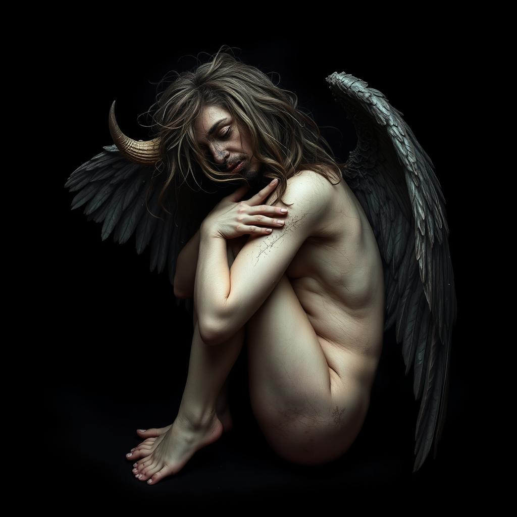 A striking depiction of a fallen angel in a vulnerable, curled-up position, with its face obscured, conveying a sense of sorrow and despair