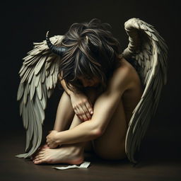 A striking depiction of a fallen angel in a vulnerable, curled-up position, with its face obscured, conveying a sense of sorrow and despair
