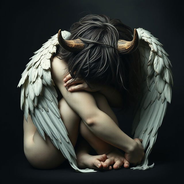 A striking depiction of a fallen angel in a vulnerable, curled-up position, with its face obscured, conveying a sense of sorrow and despair