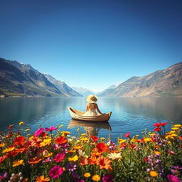 A colorful, serene landscape view featuring a calm lake (C