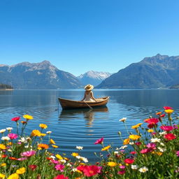 A colorful, serene landscape view featuring a calm lake (C