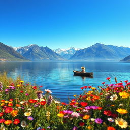 A colorful, serene landscape view featuring a calm lake (C
