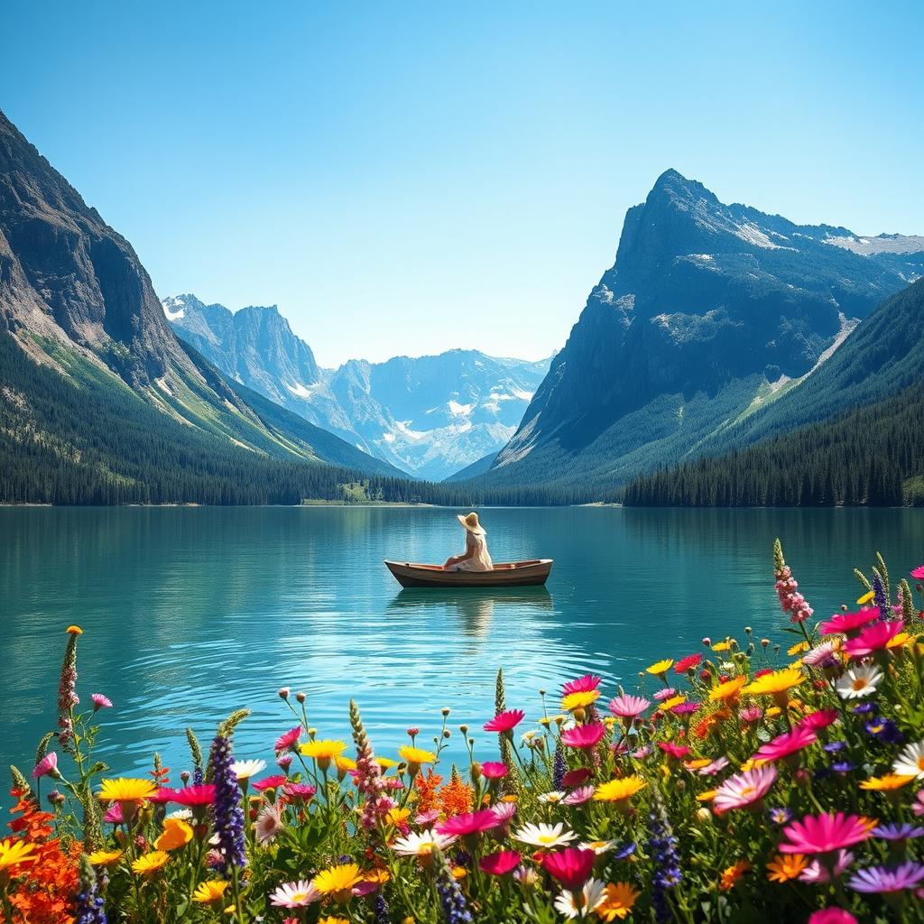 A colorful, serene landscape view featuring a calm lake (C