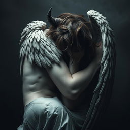 A striking portrayal of a fallen angel curled up defensively, with its face covered to convey a sense of vulnerability and despair