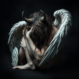 A striking portrayal of a fallen angel curled up defensively, with its face covered to convey a sense of vulnerability and despair