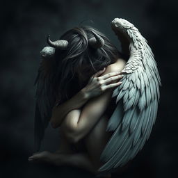 A striking portrayal of a fallen angel curled up defensively, with its face covered to convey a sense of vulnerability and despair