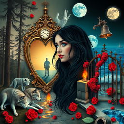 A beautiful, stunning young woman with flowing black hair and piercing crystal blue eyes is crying in a whimsical, dreamy psychedelic world inspired by Salvador Dali