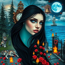A beautiful, stunning young woman with flowing black hair and piercing crystal blue eyes is crying in a whimsical, dreamy psychedelic world inspired by Salvador Dali