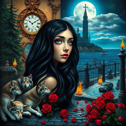 A beautiful, stunning young woman with flowing black hair and piercing crystal blue eyes is crying in a whimsical, dreamy psychedelic world inspired by Salvador Dali