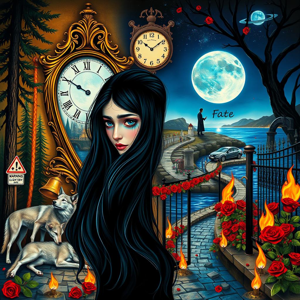 A beautiful, stunning young woman with flowing black hair and piercing crystal blue eyes is crying in a whimsical, dreamy psychedelic world inspired by Salvador Dali