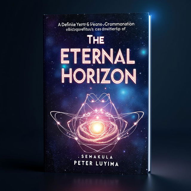 A mesmerizing holographic book cover design for 'The Eternal Horizon: Redefining Death and Communication in the Era of Psychotronic and Quantum Logic' by Ssemakula Peter Luyima
