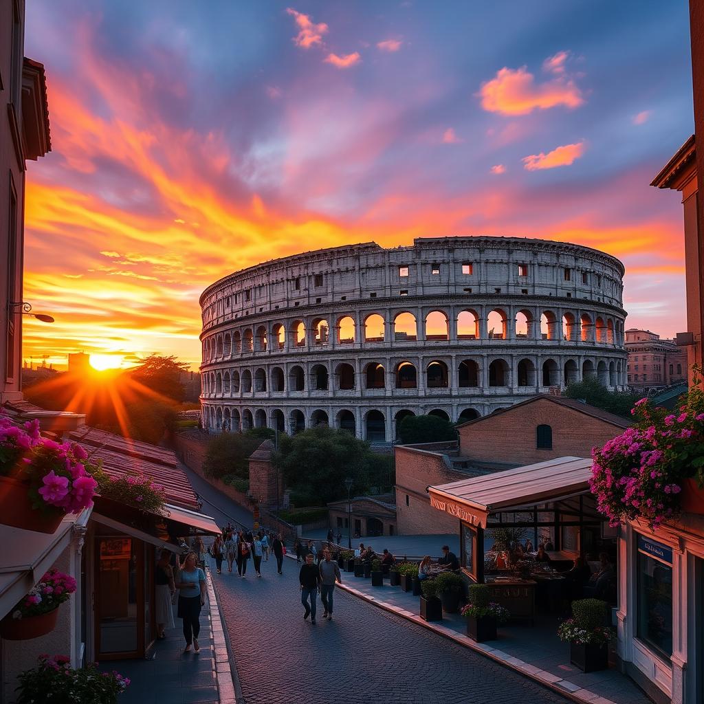 A breathtaking view of a sunset over the Colosseum in Rome