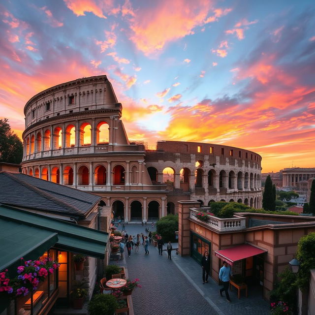 A breathtaking view of a sunset over the Colosseum in Rome