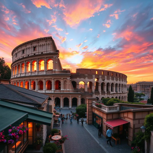 A breathtaking view of a sunset over the Colosseum in Rome