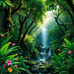 A lush and vibrant rainforest scene featuring towering emerald green trees, thick underbrush, and a variety of tropical plants