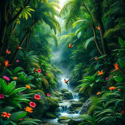 A lush and vibrant rainforest scene featuring towering emerald green trees, thick underbrush, and a variety of tropical plants