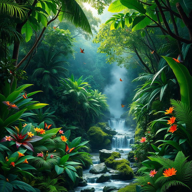 A lush and vibrant rainforest scene featuring towering emerald green trees, thick underbrush, and a variety of tropical plants