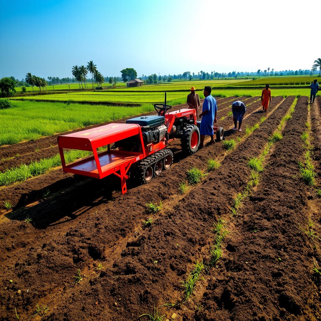 A vibrant scene depicting a rural village field in Bangladesh, showcasing a bed planter device attached to a power tiller preparing raised beds for planting