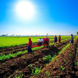 A vibrant scene depicting a rural village field in Bangladesh, showcasing a bed planter device attached to a power tiller preparing raised beds for planting