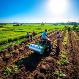 A vibrant scene depicting a rural village field in Bangladesh, showcasing a bed planter device attached to a power tiller preparing raised beds for planting