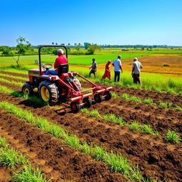 A vibrant scene depicting a rural village field in Bangladesh, showcasing a bed planter device attached to a power tiller preparing raised beds for planting