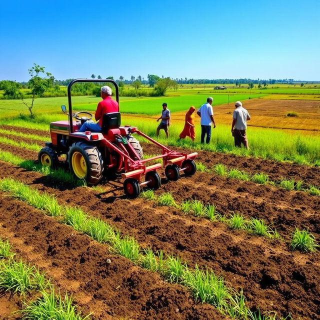 A vibrant scene depicting a rural village field in Bangladesh, showcasing a bed planter device attached to a power tiller preparing raised beds for planting