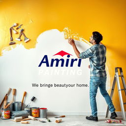 A man energetically painting a wall, showcasing various painting tools like brushes, rollers, and paint cans scattered artfully around him