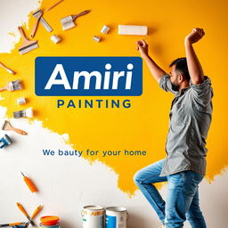 A man energetically painting a wall, showcasing various painting tools like brushes, rollers, and paint cans scattered artfully around him