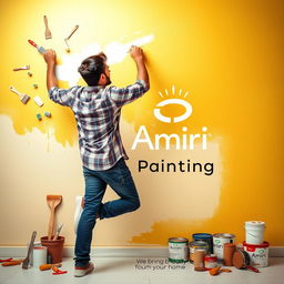 A man energetically painting a wall, showcasing various painting tools like brushes, rollers, and paint cans scattered artfully around him