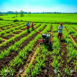 A picturesque village field in Bangladesh, illustrating a bed planter device connected to a power tiller as it prepares raised beds for planting