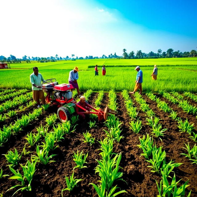 A picturesque village field in Bangladesh, illustrating a bed planter device connected to a power tiller as it prepares raised beds for planting