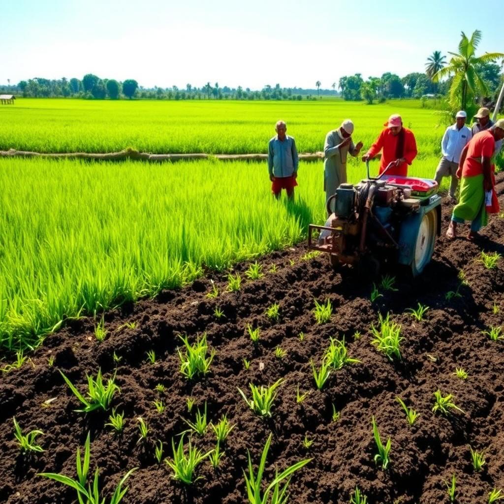A picturesque village field in Bangladesh, illustrating a bed planter device connected to a power tiller as it prepares raised beds for planting