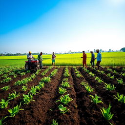 A picturesque village field in Bangladesh, illustrating a bed planter device connected to a power tiller as it prepares raised beds for planting