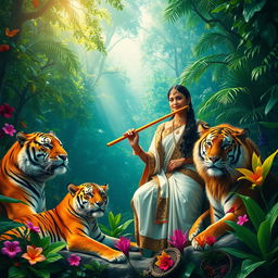 A vibrant and mystical rainforest scene with a lush green backdrop, featuring a graceful Indian woman dressed in traditional attire, playing a flute