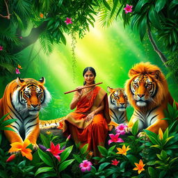 A vibrant and mystical rainforest scene with a lush green backdrop, featuring a graceful Indian woman dressed in traditional attire, playing a flute