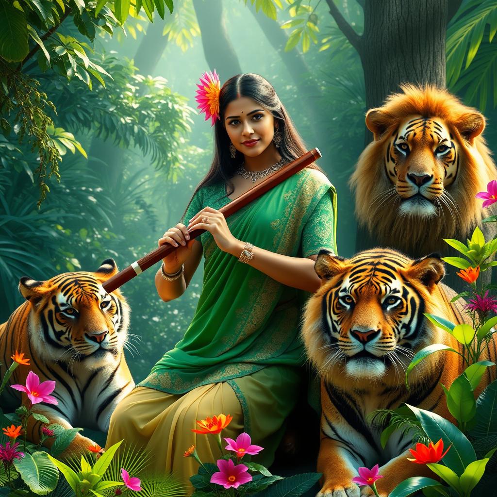 A vibrant and mystical rainforest scene with a lush green backdrop, featuring a graceful Indian woman dressed in traditional attire, playing a flute