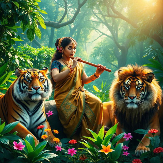 A vibrant and mystical rainforest scene with a lush green backdrop, featuring a graceful Indian woman dressed in traditional attire, playing a flute