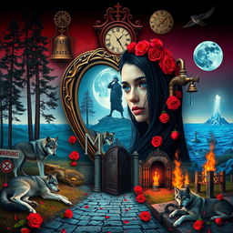 A beautiful, stunning young woman with long black hair and striking crystal blue eyes is crying in a dreamy, psychedelic world reminiscent of Salvador Dali
