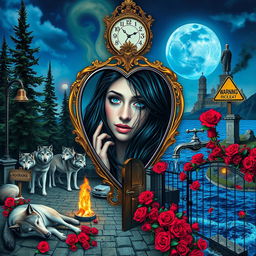 A beautiful, stunning young woman with long black hair and striking crystal blue eyes is crying in a dreamy, psychedelic world reminiscent of Salvador Dali