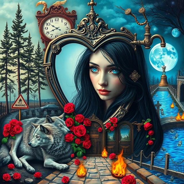 A beautiful, stunning young woman with long black hair and striking crystal blue eyes is crying in a dreamy, psychedelic world reminiscent of Salvador Dali