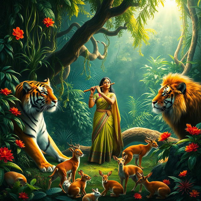 A stunning rainforest scene teeming with life, showcasing a serene Indian woman in traditional attire playing a flute