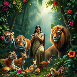 A stunning rainforest scene teeming with life, showcasing a serene Indian woman in traditional attire playing a flute