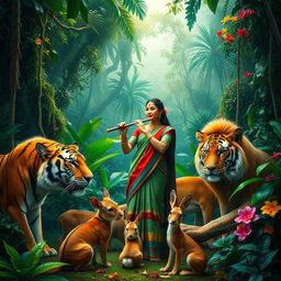 A stunning rainforest scene teeming with life, showcasing a serene Indian woman in traditional attire playing a flute