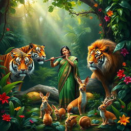 A stunning rainforest scene teeming with life, showcasing a serene Indian woman in traditional attire playing a flute